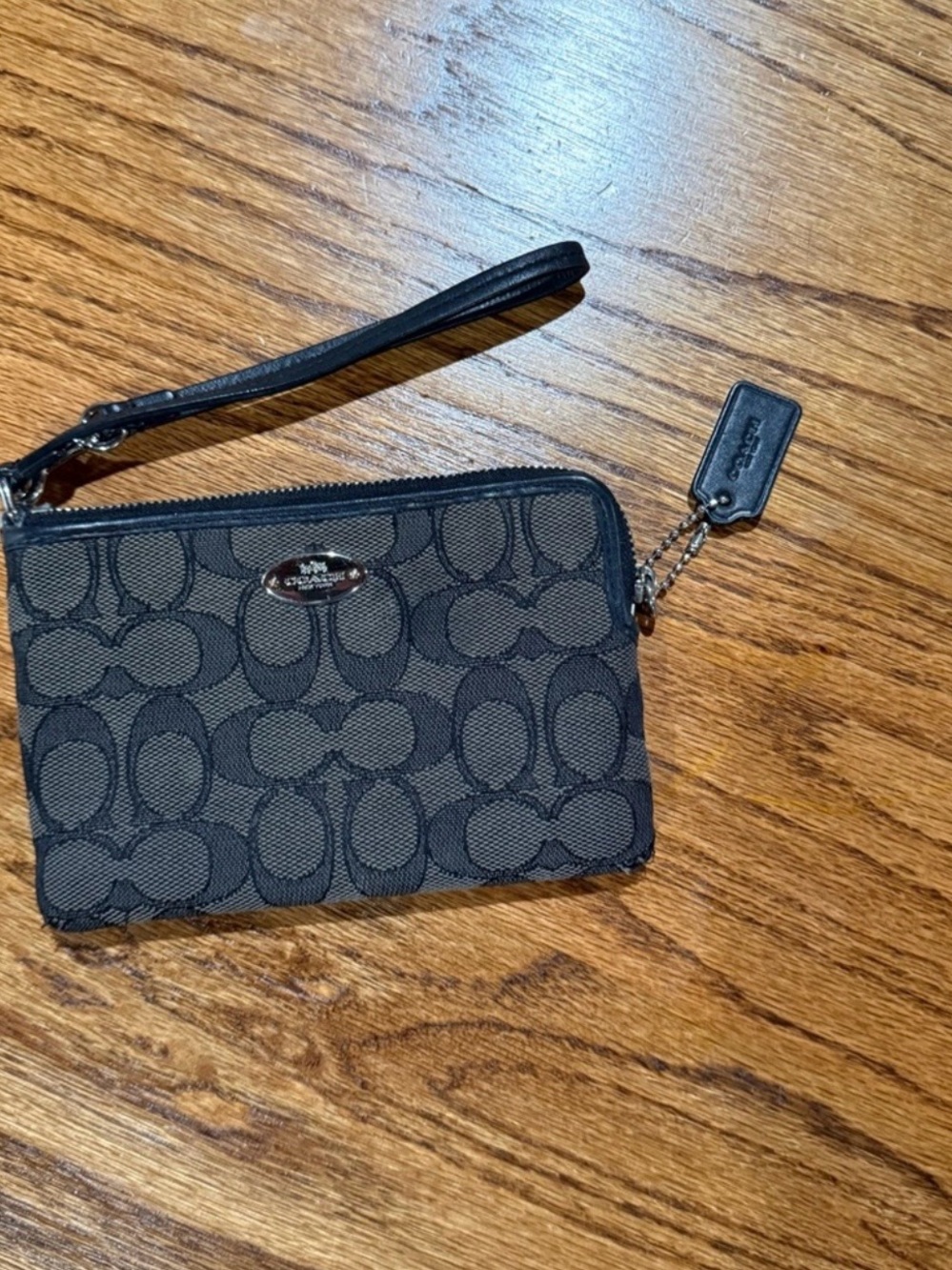Coach Black Leather Tag Wristlet with Silver Chain Accent